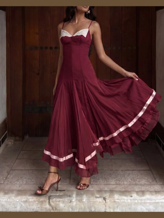 Dresses & Skirts - Burgundy Contrast Lace Trim Tiered Ribbon Hem Maxi Dress